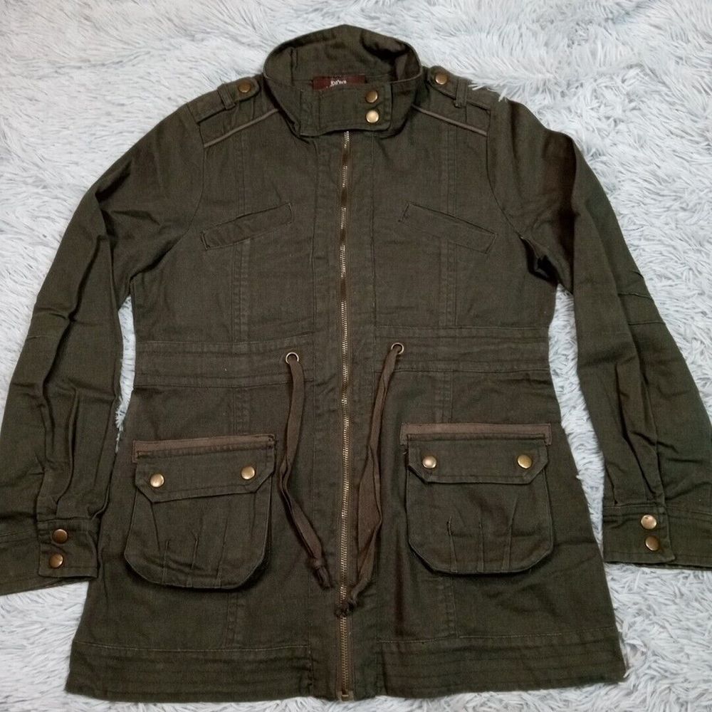 Solitaire Jacket Womens M Green Utility Military Coat Pockets Zip Up Grunge